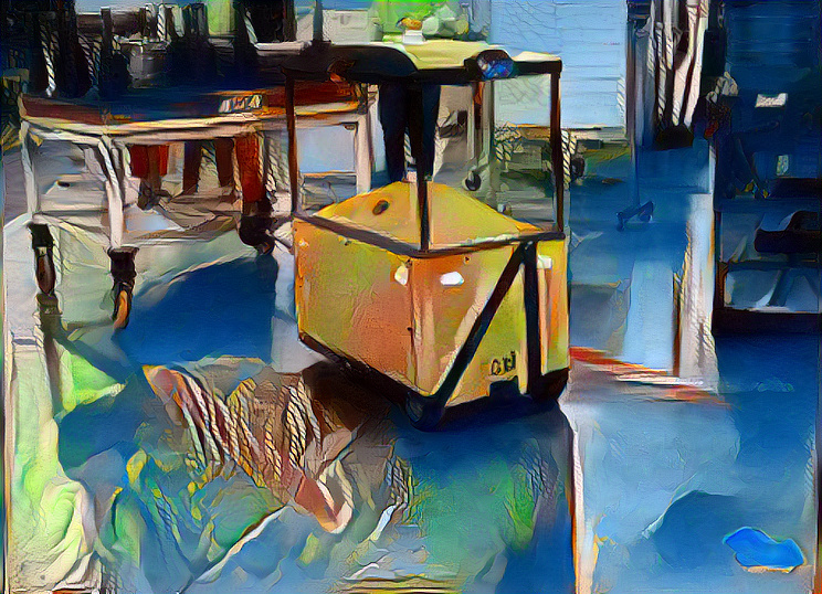 Impressionist image of a robot pulling a cart