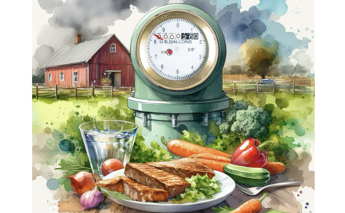 A water meter and plate of food with a farm in the background